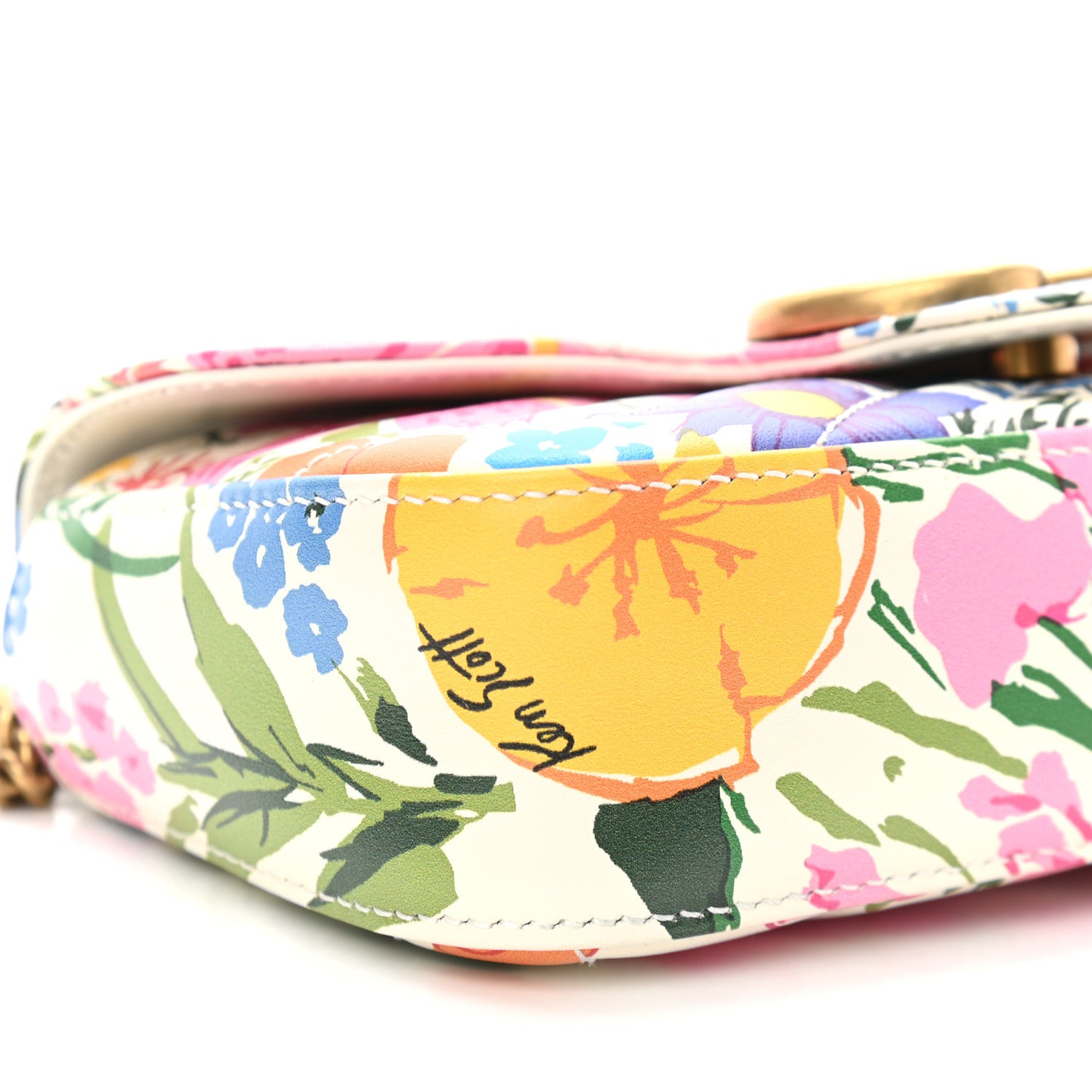 X KEN SCOTT Calfskin Matelasse Floral Print Super Mini GG Marmont Shoulder Bag Ivory Pink