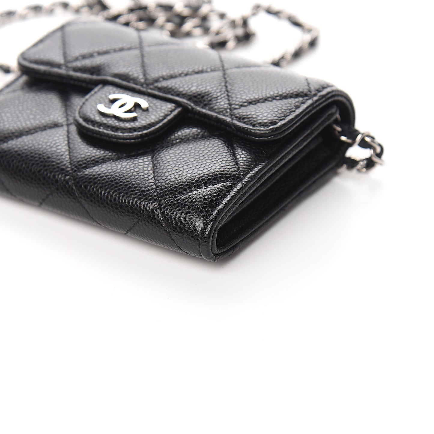 Caviar Quilted Flap Card Holder On Chain Black
