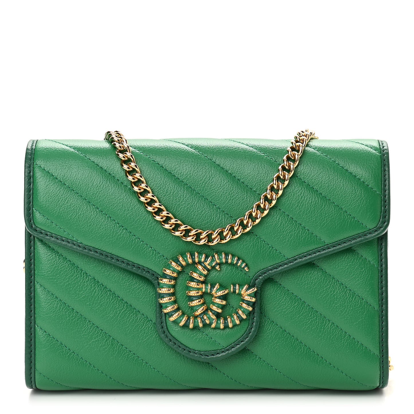 Azalea Calfskin Enamel Matelasse Diagonal Torchon GG Marmont Chain Wallet New Shamrock Emerald