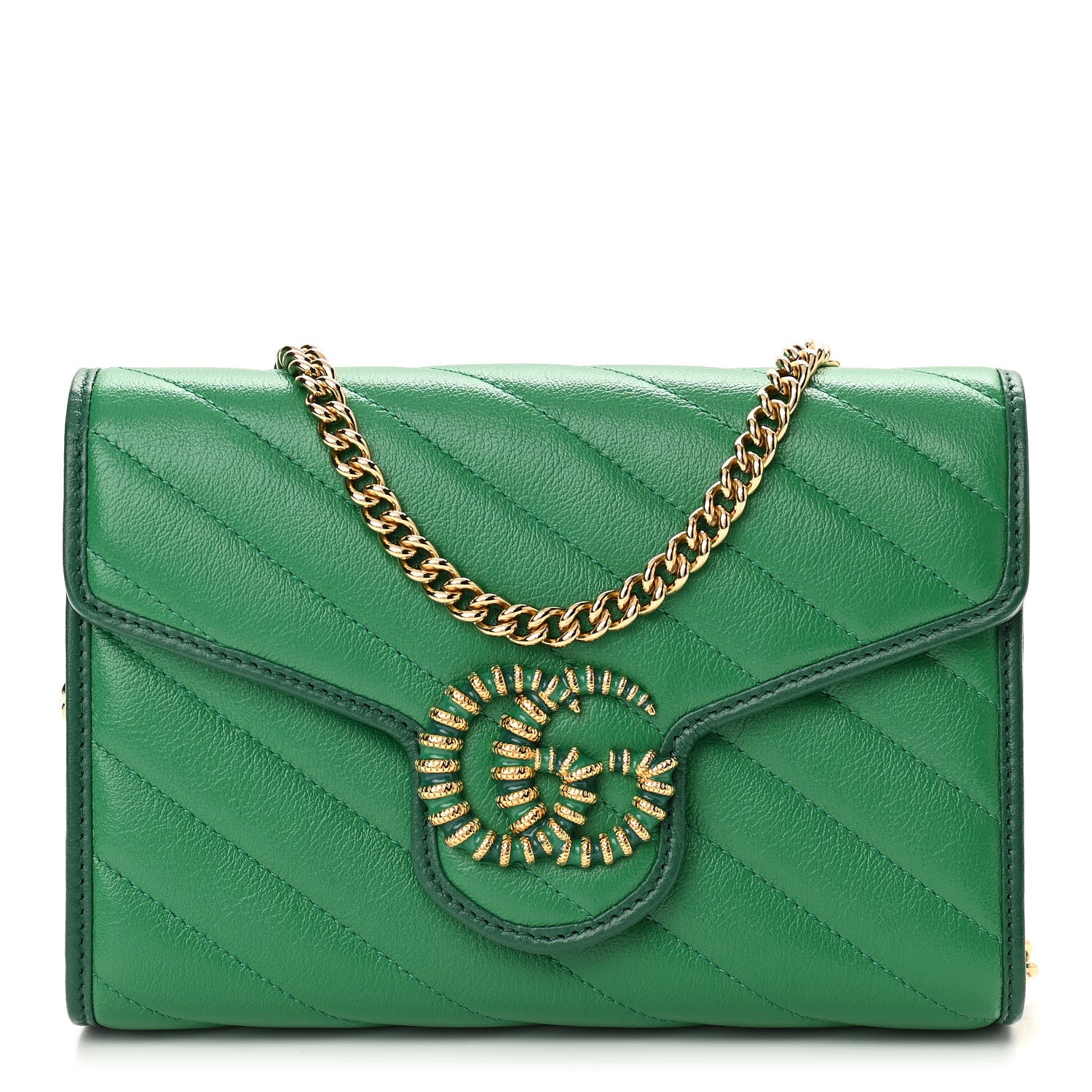 Gucci Azalea Calfskin Enamel Matelasse Diagonal Torchon GG Marmont Chain Wallet New Shamrock Emerald 1 of 10