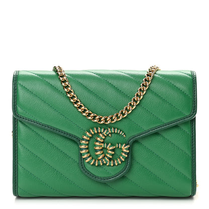 Gucci Azalea Calfskin Enamel Matelasse Diagonal Torchon GG Marmont Chain Wallet New Shamrock Emerald 1 of 10
