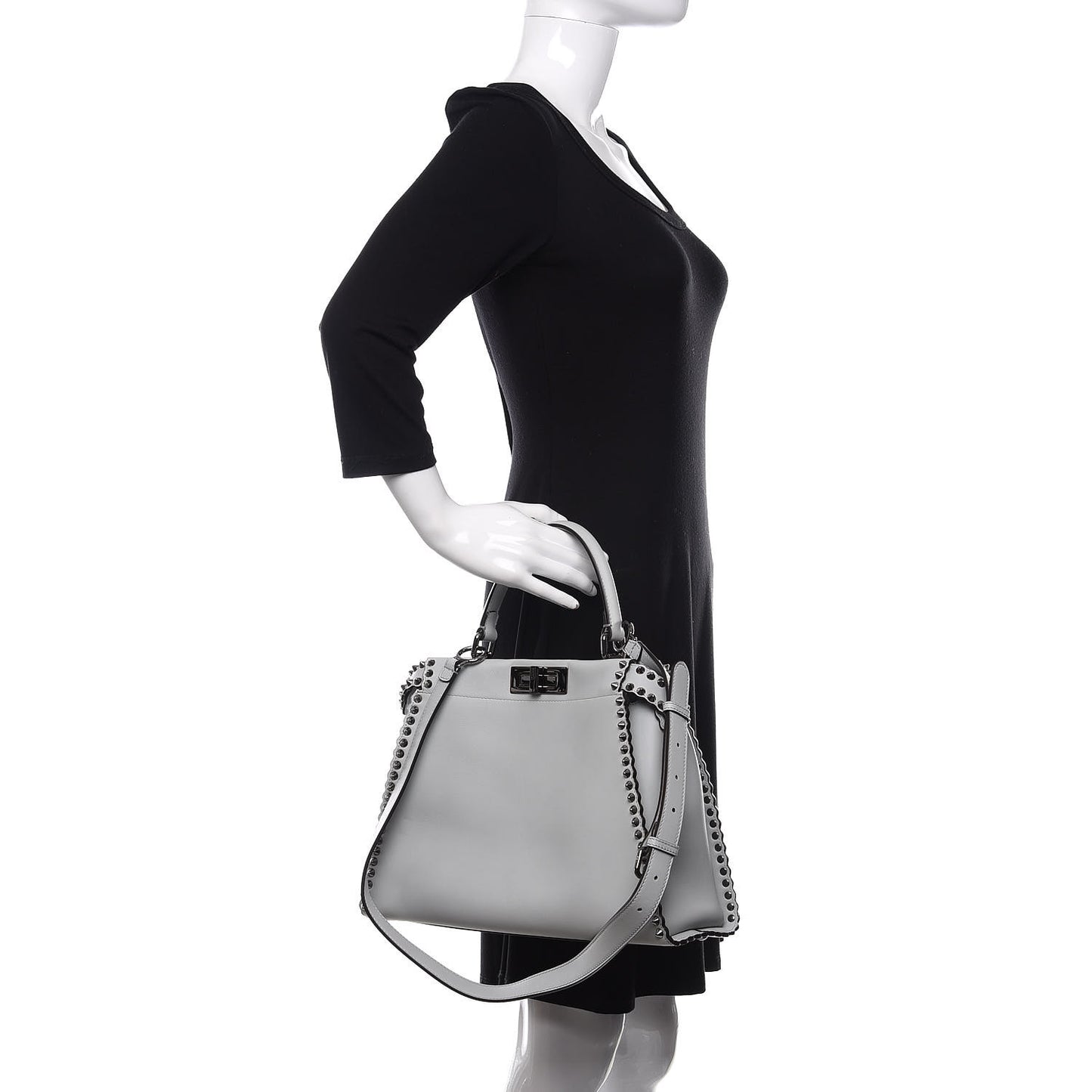 Vitello Seta Shiny Nappa Scalloped Studded Medium Peekaboo Iconic Satchel Grigio Perla