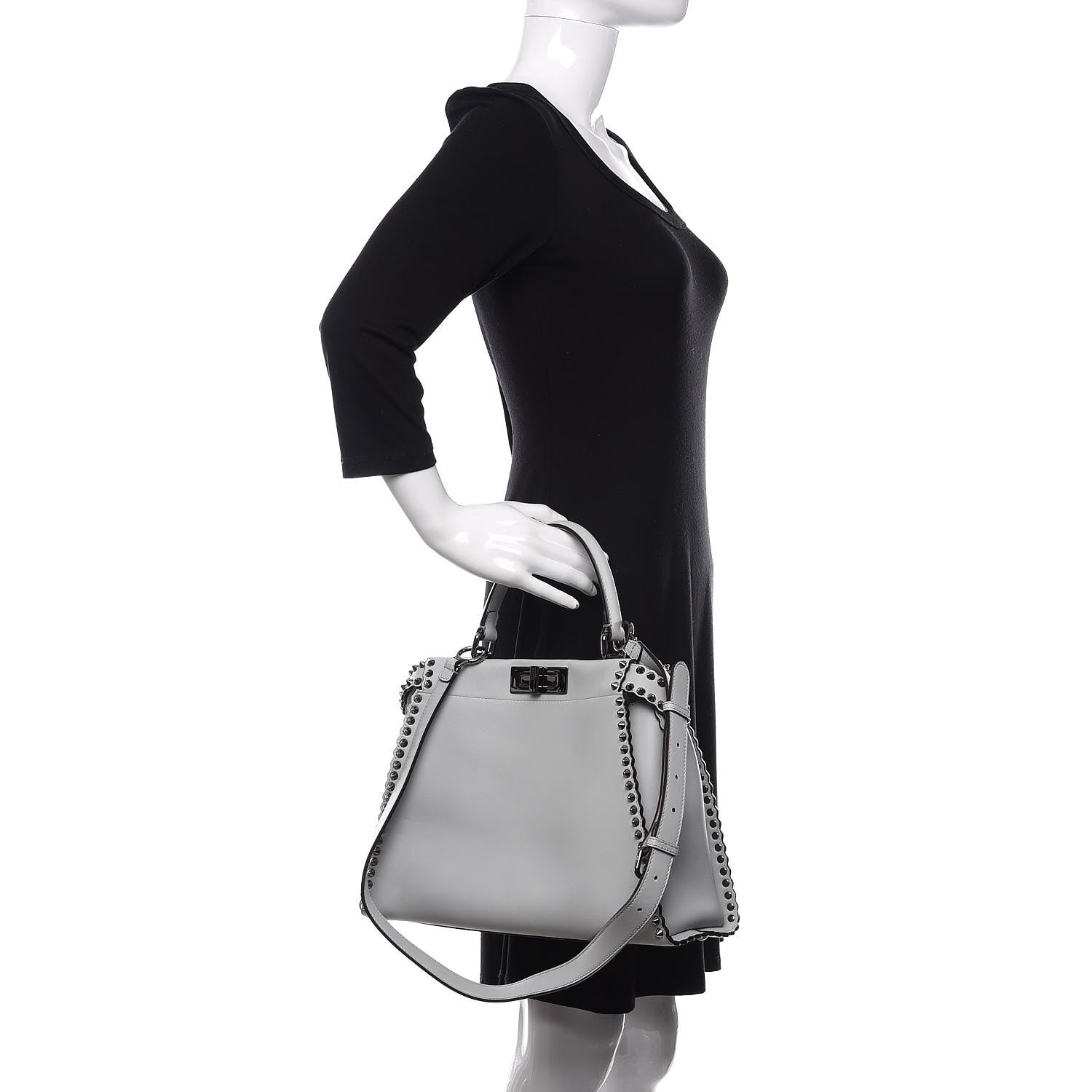 Fendi Vitello Seta Shiny Nappa Scalloped Studded Medium Peekaboo Iconic Satchel Grigio Perla 3 of 13