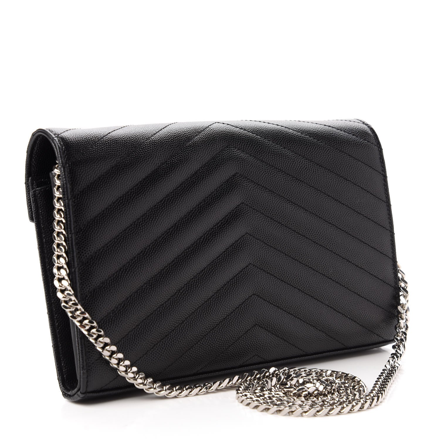 Saint Laurent Grain De Poudre Matelasse Chevron Monogram Chain Wallet Black 3 of 11