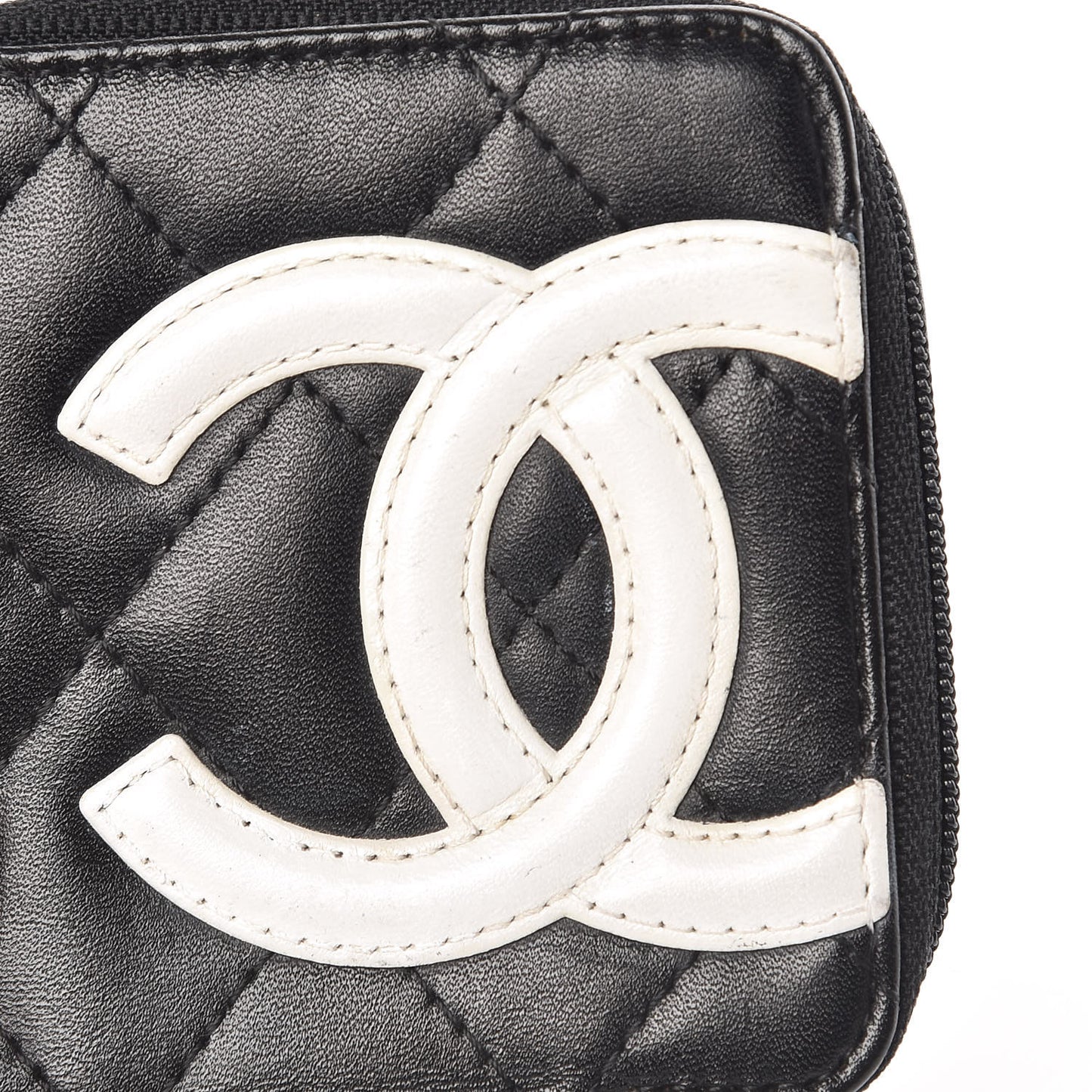 Calfskin Quilted Cambon Zip Around Makeup Pouch Black White