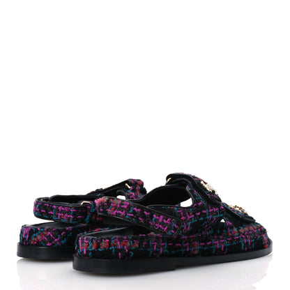 Chanel Wool Tweed Velcro Dad Sandals 41 Black Purple Green Red 5 of 16