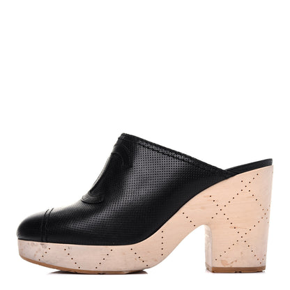 Chanel Lambskin Perforated Cap Toe Wood CC Clogs 39 Black 1 of 14