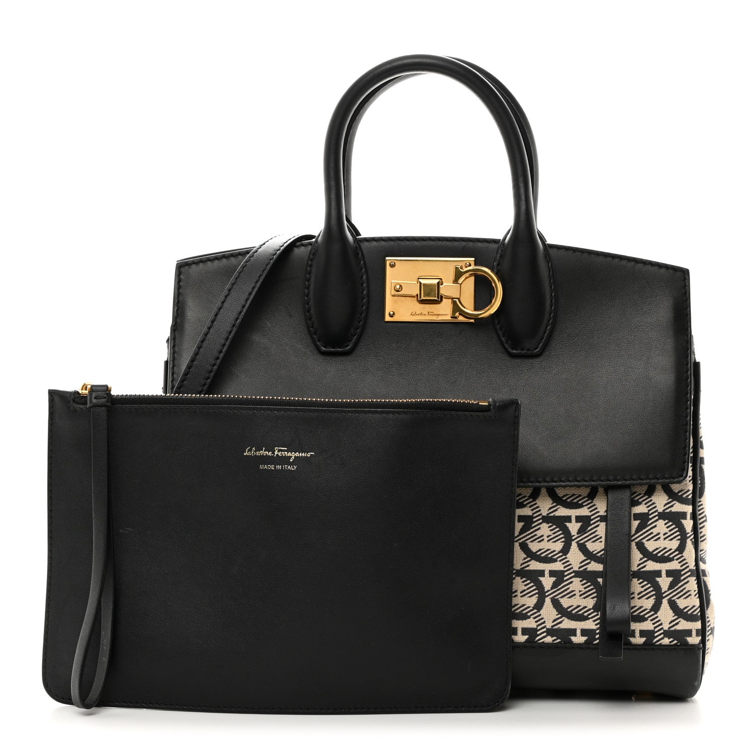 Salvatore Ferragamo Canvas Calfskin Gancini The Studio Bag Black Beige 3 of 11