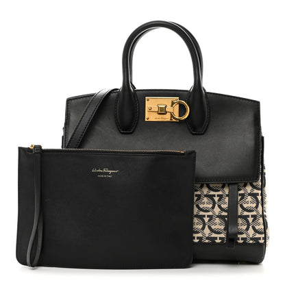 Salvatore Ferragamo Canvas Calfskin Gancini The Studio Bag Black Beige 3 of 11