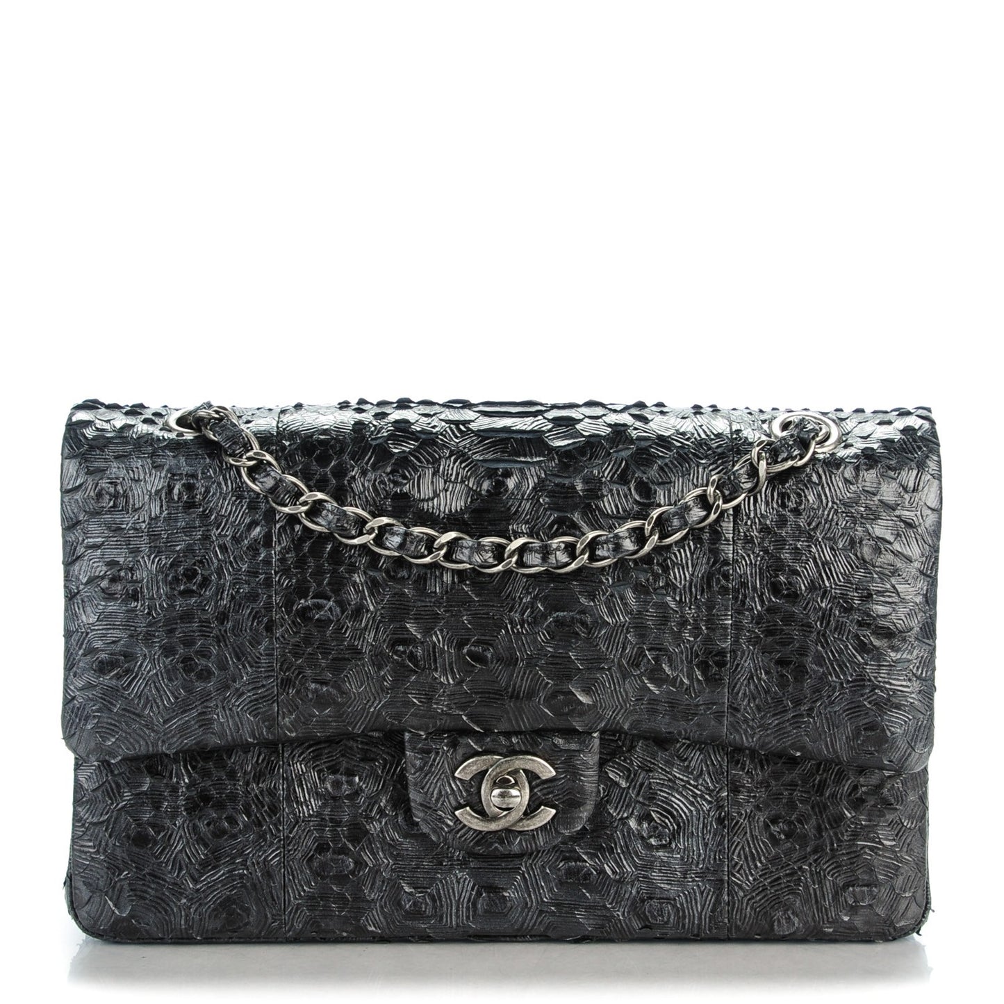 Embossed Python Medium Double Flap Black