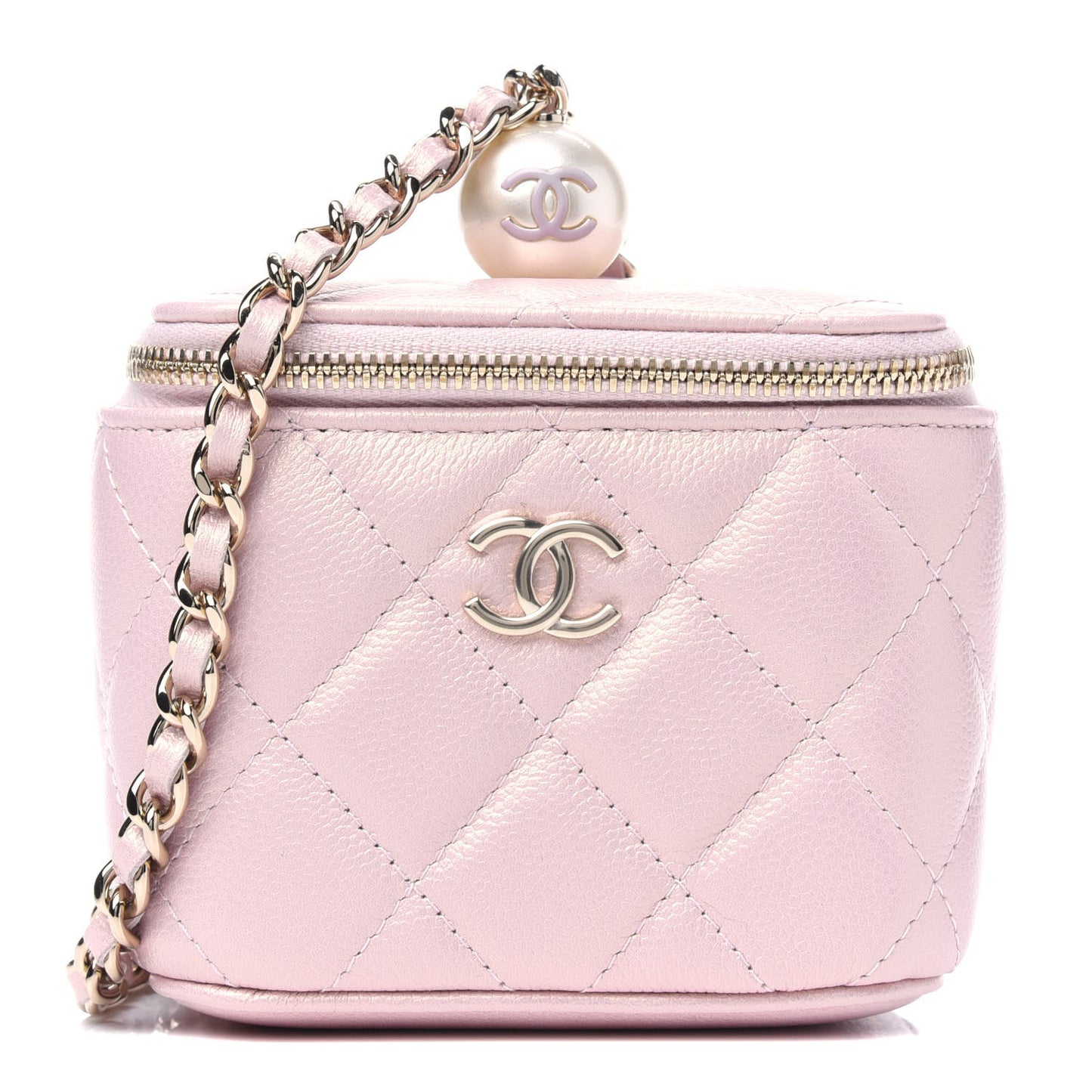 Iridescent Caviar Quilted Mini Pearl On Top Vanity Case With Chain Light Pink