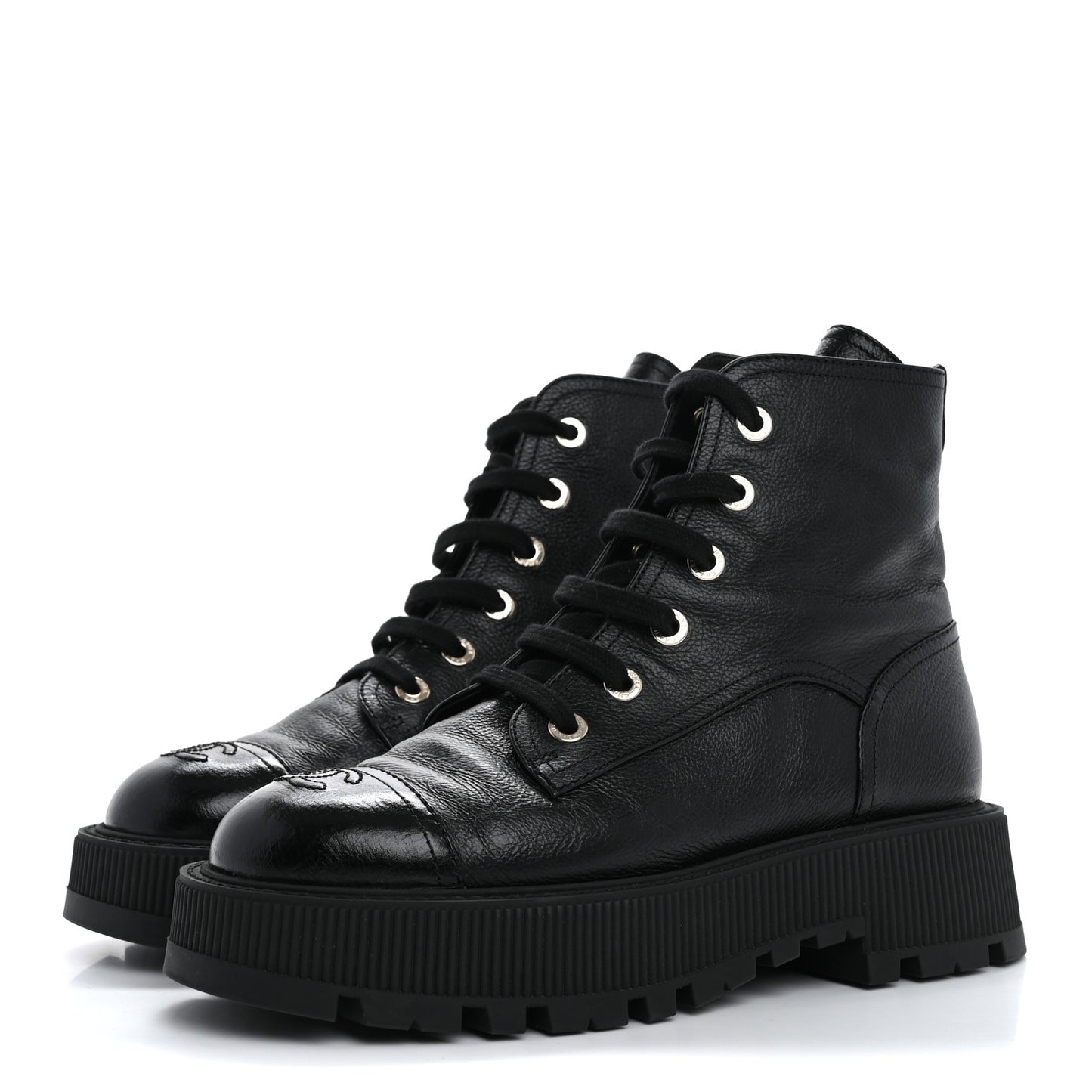 Grained Calfskin Shiny Calfskin CC Lace Up Combat Boots 40 Black