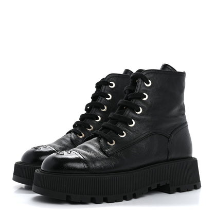Chanel Grained Calfskin Shiny Calfskin CC Lace Up Combat Boots 40 Black 4 of 14
