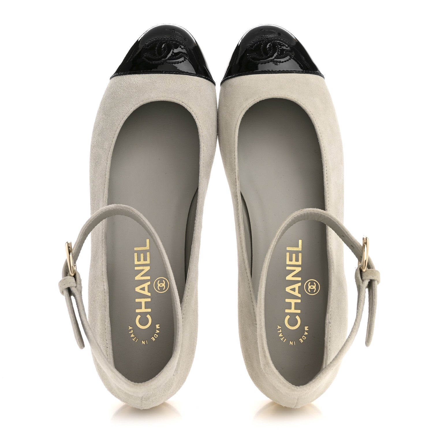 Chanel Suede Calfskin Patent Calfskin Cap Toe CC Mary Jane Flats 36.5 Light Gray Black 2 of 10