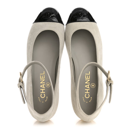 Chanel Suede Calfskin Patent Calfskin Cap Toe CC Mary Jane Flats 36.5 Light Gray Black 2 of 10