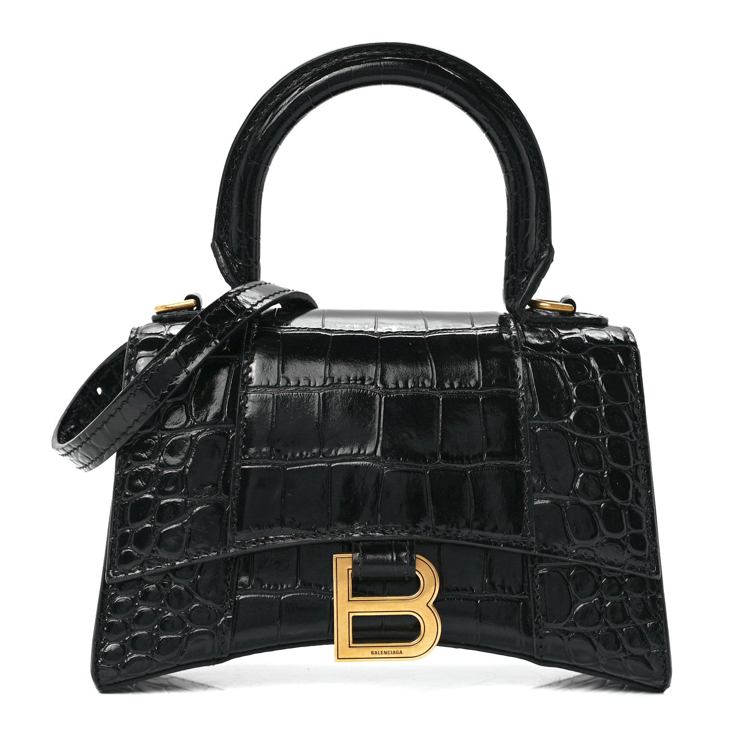 Balenciaga Shiny Calfskin Crocodile Embossed Hourglass Top Handle Bag XS Black 1 of 11
