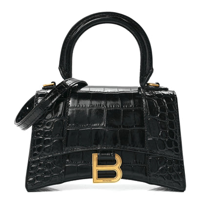 Balenciaga Shiny Calfskin Crocodile Embossed Hourglass Top Handle Bag XS Black 1 of 11