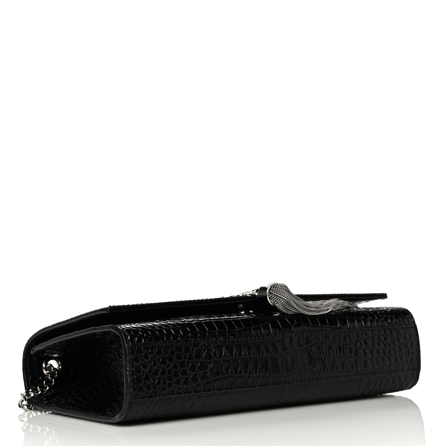 Calfskin Crocodile Embossed Medium Classic Monogram Kate Tassel Satchel Black