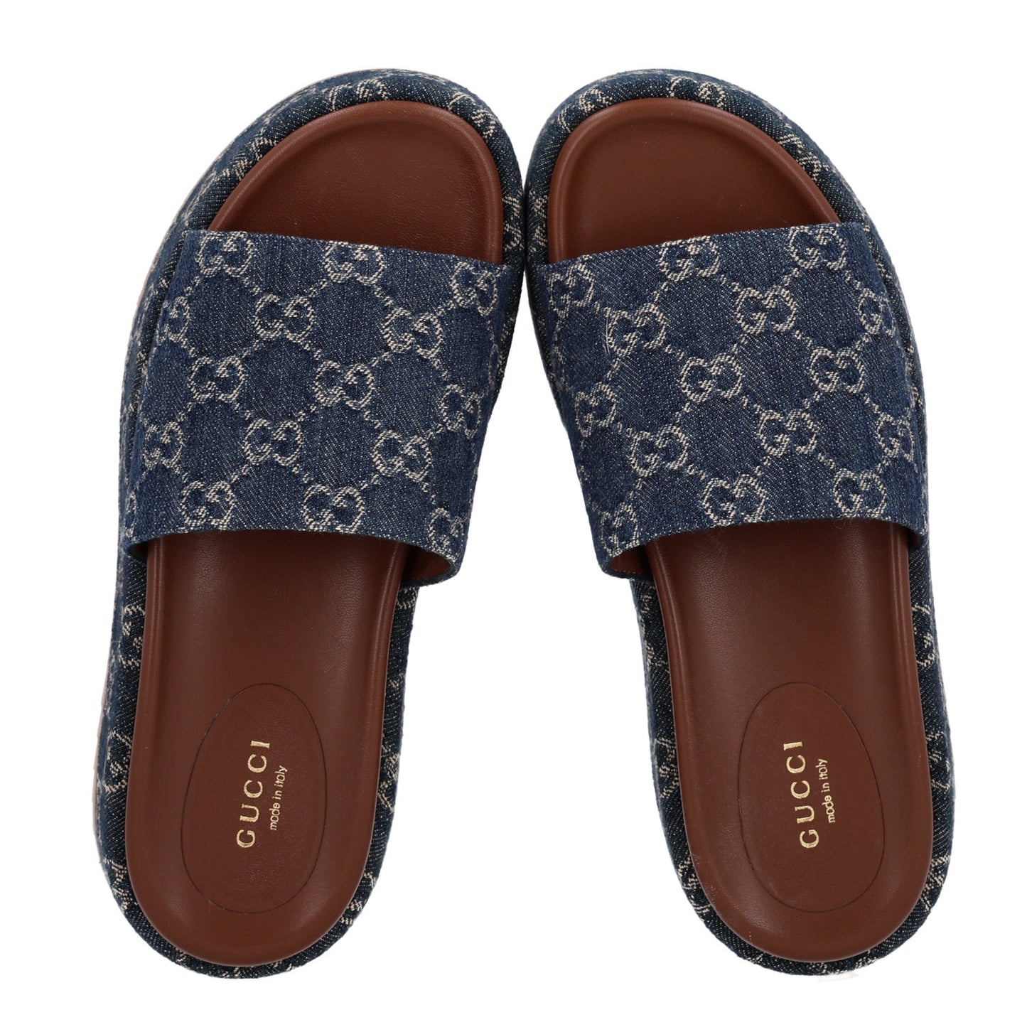 New Denim GG Monogram Angelina Platform 55mm Slide Sandals 37 Blue Tea