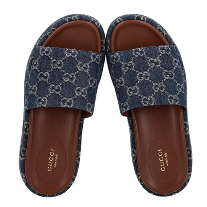 Gucci New Denim GG Monogram Angelina Platform 55mm Slide Sandals 37 Blue Tea 3 of 10