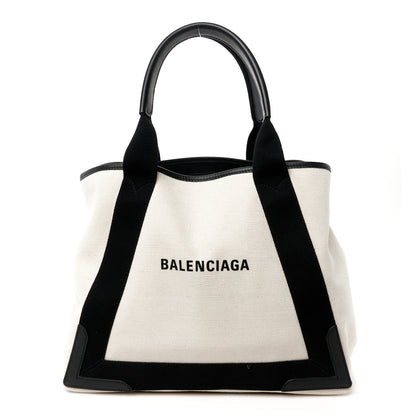 Balenciaga Cotton Canvas Satin Calfskin M Navy Cabas Natural Black 1 of 12