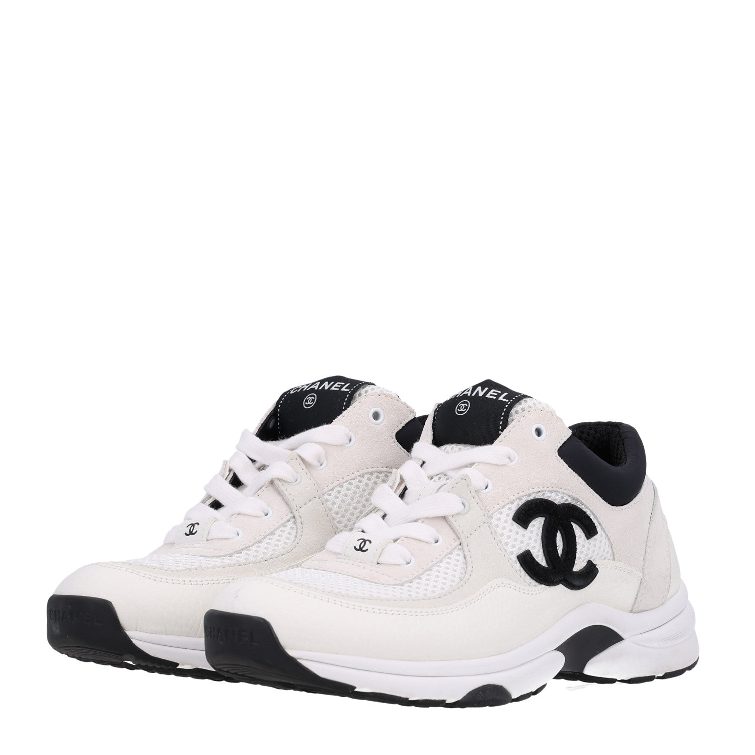 Chanel Mesh Suede Calfskin Grained Calfskin Womens CC Sneakers 38 White Black 4 of 10