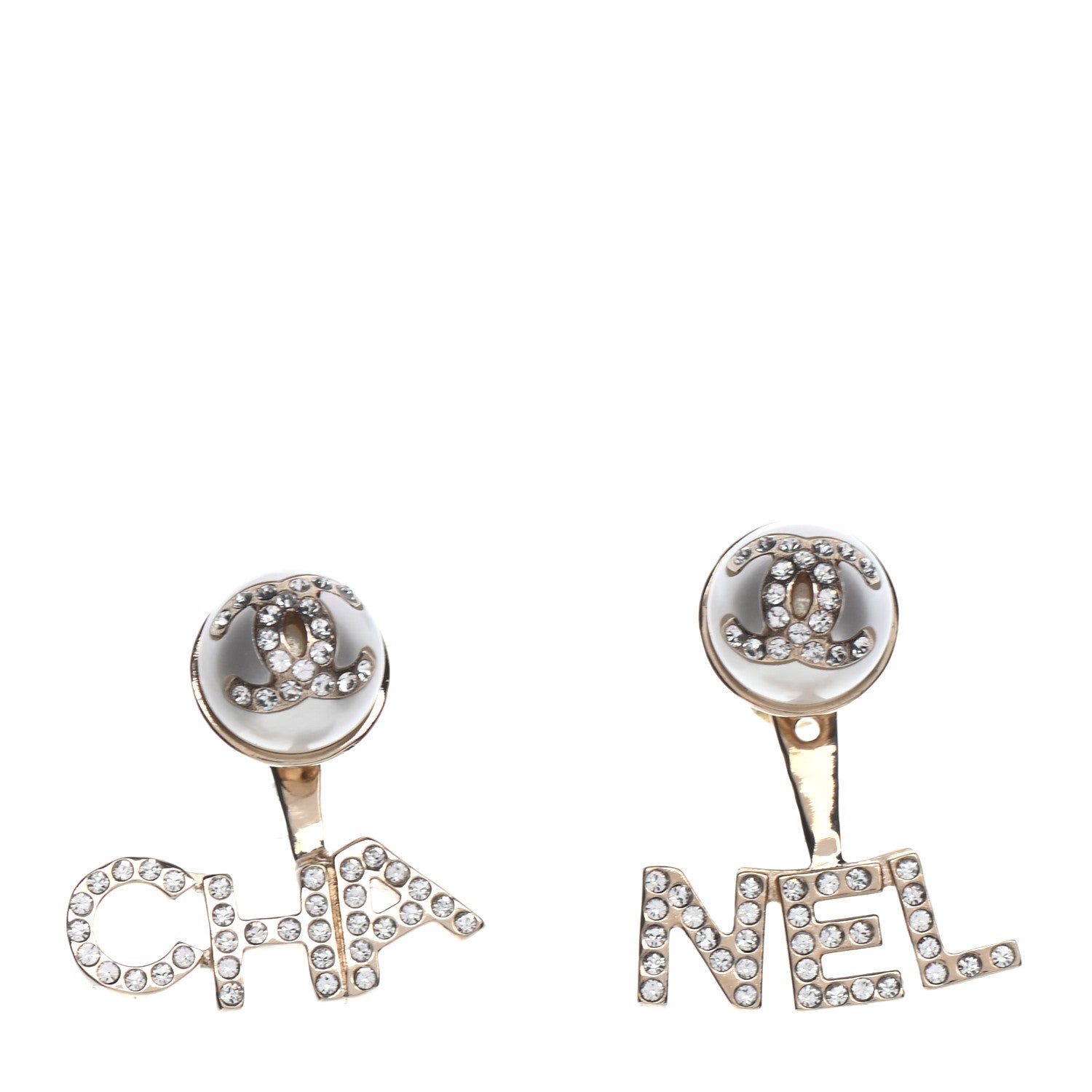 Chanel Pearl Crystal Logo Earrings Gold Pearly White 1 of 5