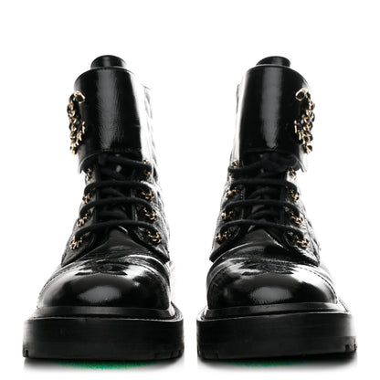 Chanel Shiny Calfskin Quilted Lace Up Combat Boots 36 Black 3 of 9