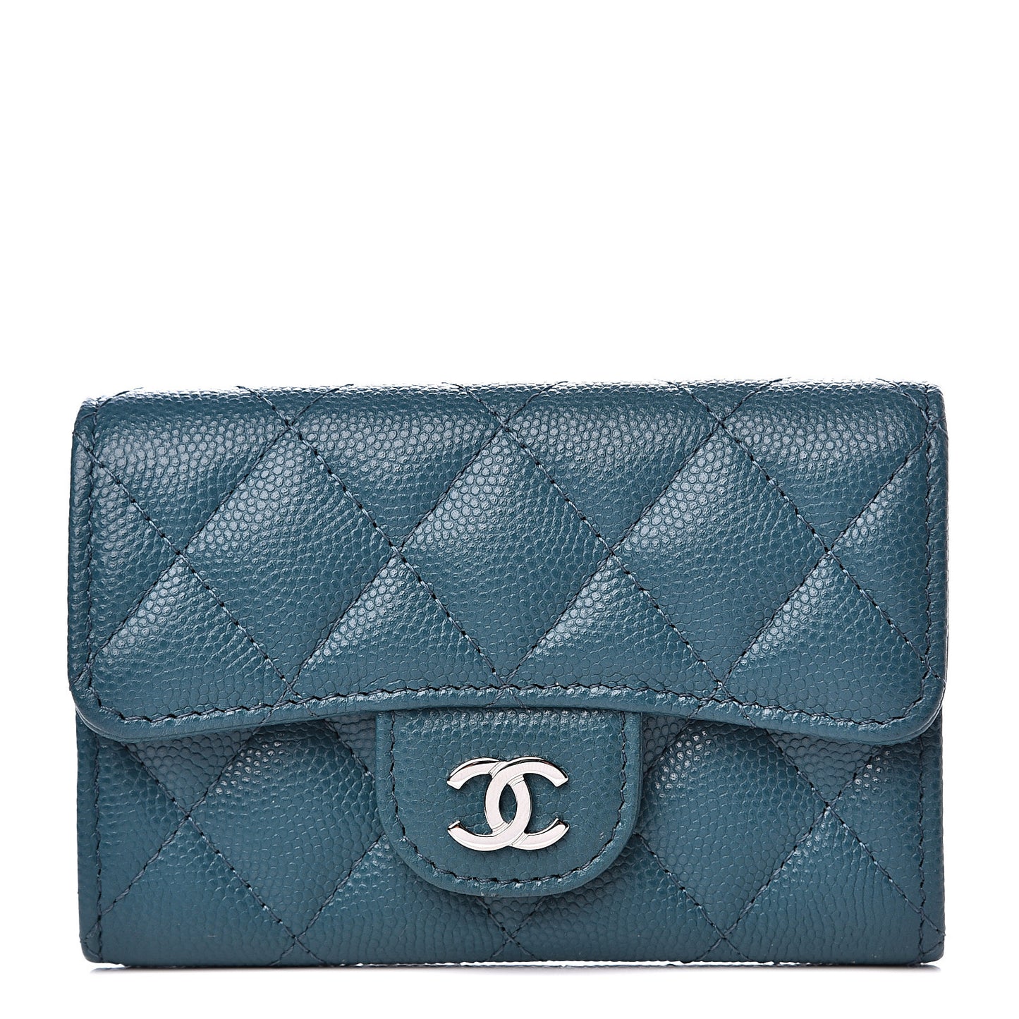 Caviar Quilted Flap Card Holder Wallet Dark Turquoise