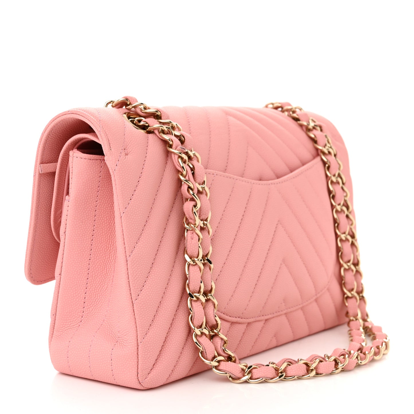 Caviar Flat Chevron Quilted Medium Double Flap Pink