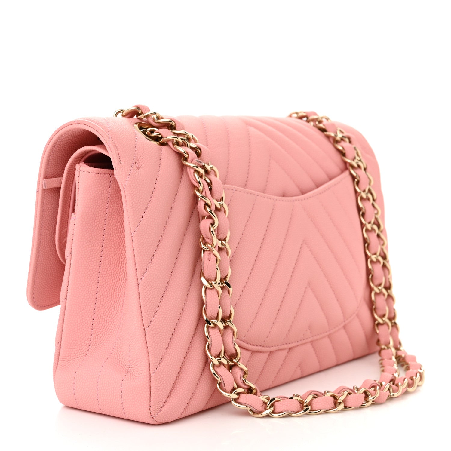Chanel Caviar Flat Chevron Quilted Medium Double Flap Pink 3 of 12