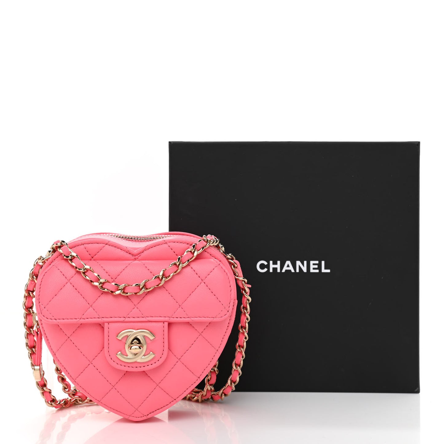 Lambskin Quilted CC In Love Heart Clutch With Chain Pink