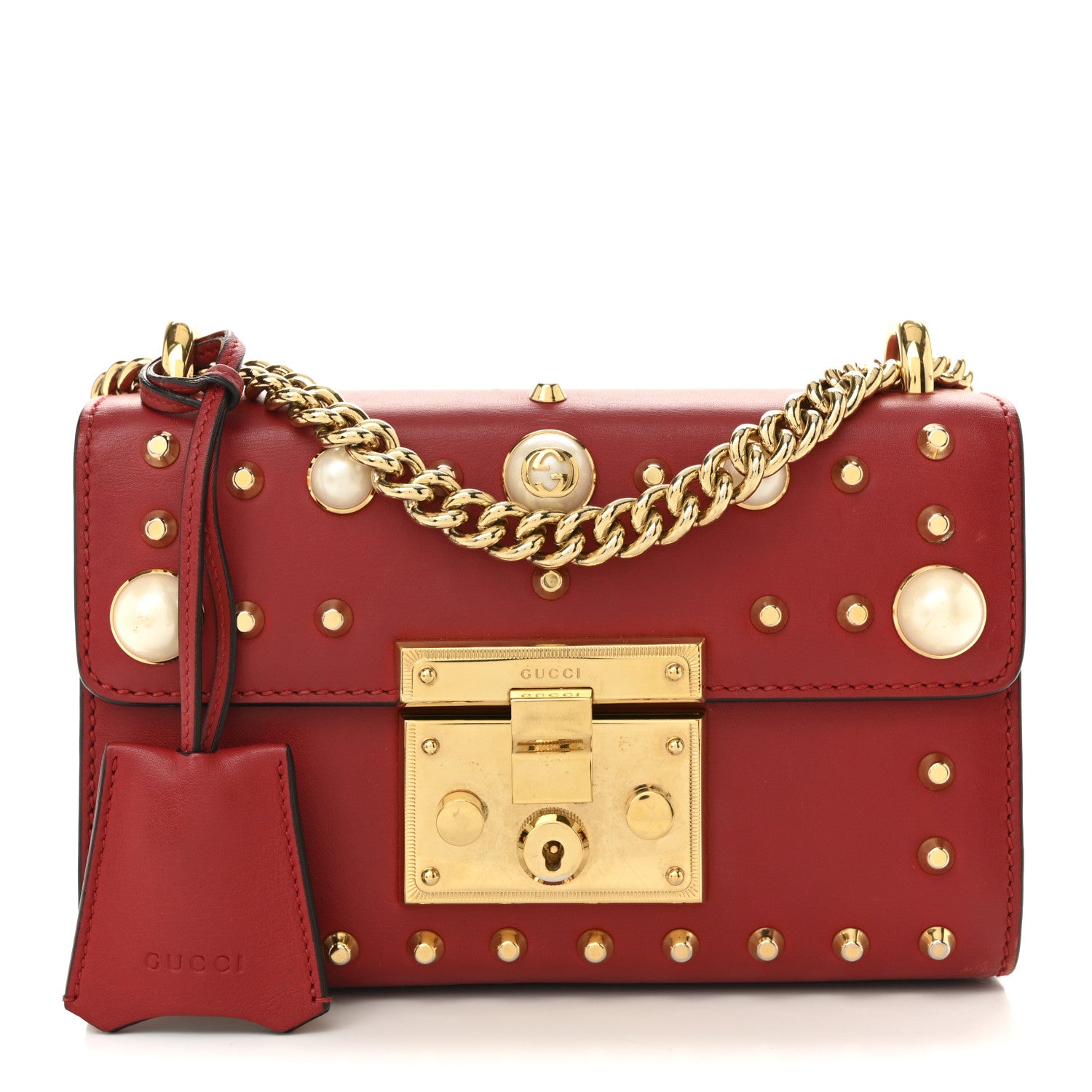 Gucci Calfskin Studded Small Padlock Shoulder Bag Hibiscus Red 1 of 15