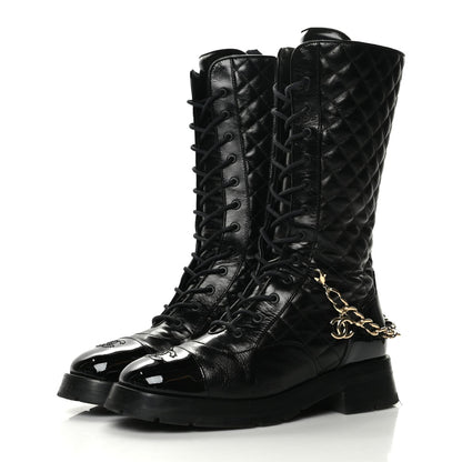 Chanel Shiny Calfskin Patent Quilted Chain Lace Up Combat Boots 40 Black 3 of 9