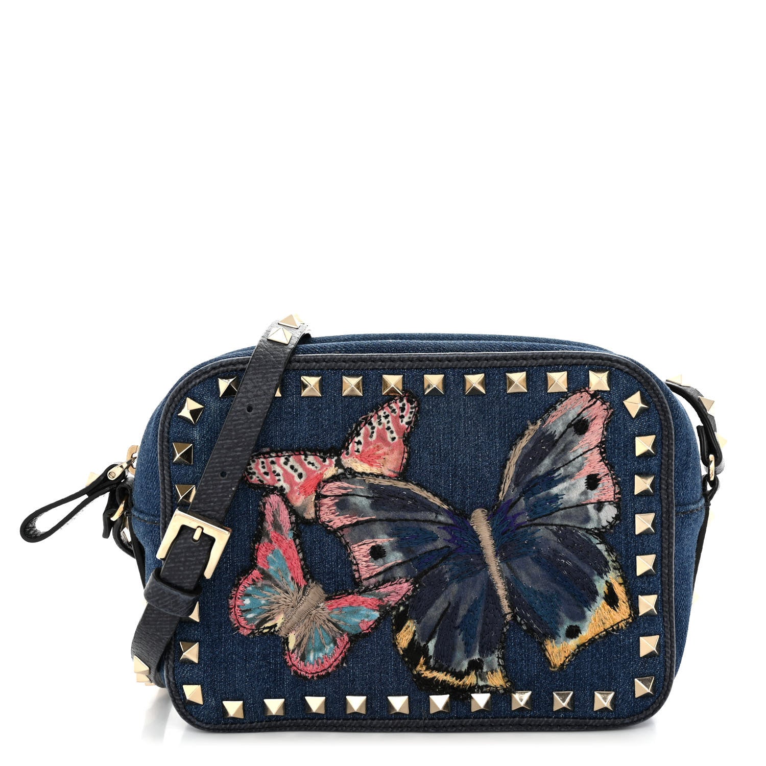 Valentino Garavani Denim Butterfly Embroidered Rockstud Camera Crossbody Bag Light Denim Multicolor 1 of 11