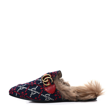 Gucci Canvas GG Monogram Diamond Fur Web GG Mens Princetown Slippers 8 Midnight Blue Hibiscus Red 1 of 7