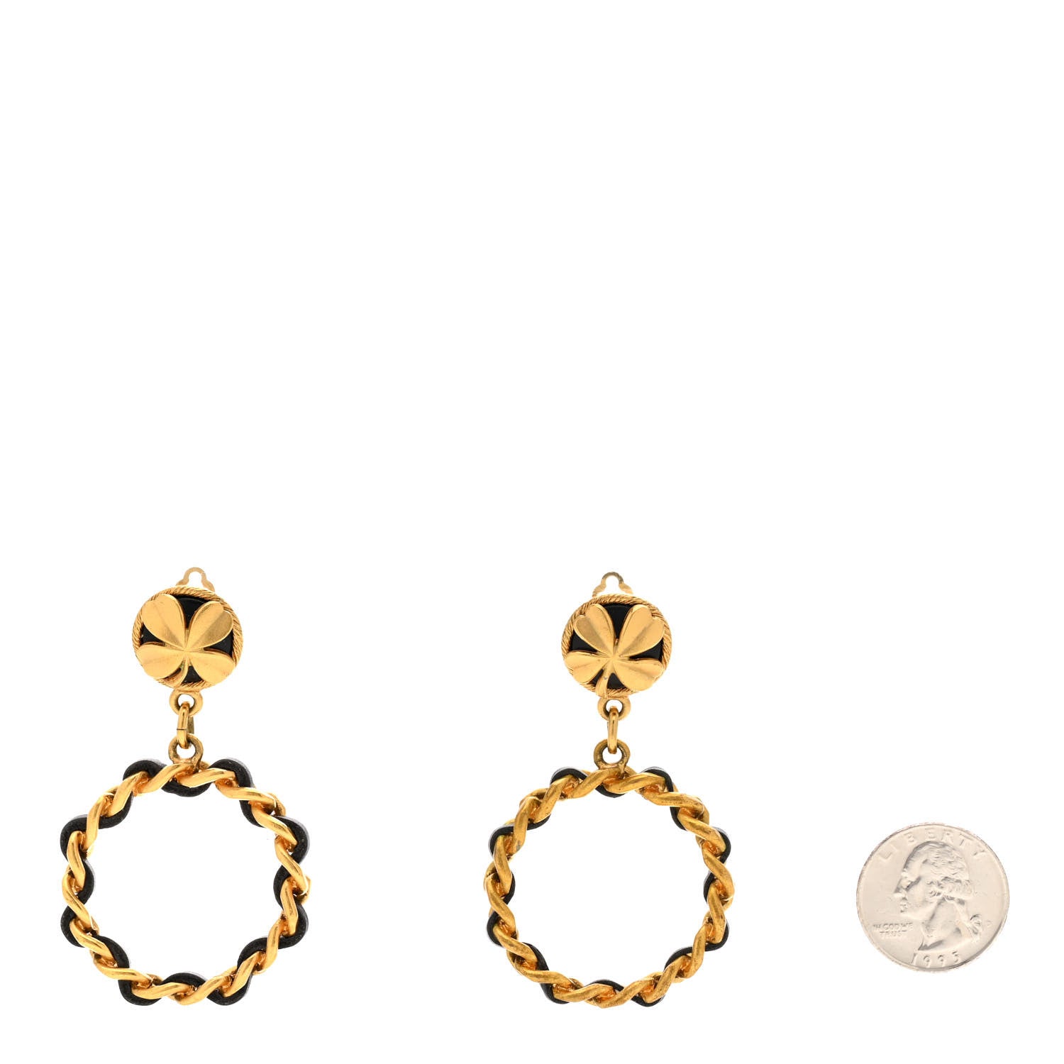 Chanel Metal Lambskin Clover Clip On Hoop Earrings Gold Black 2 of 4