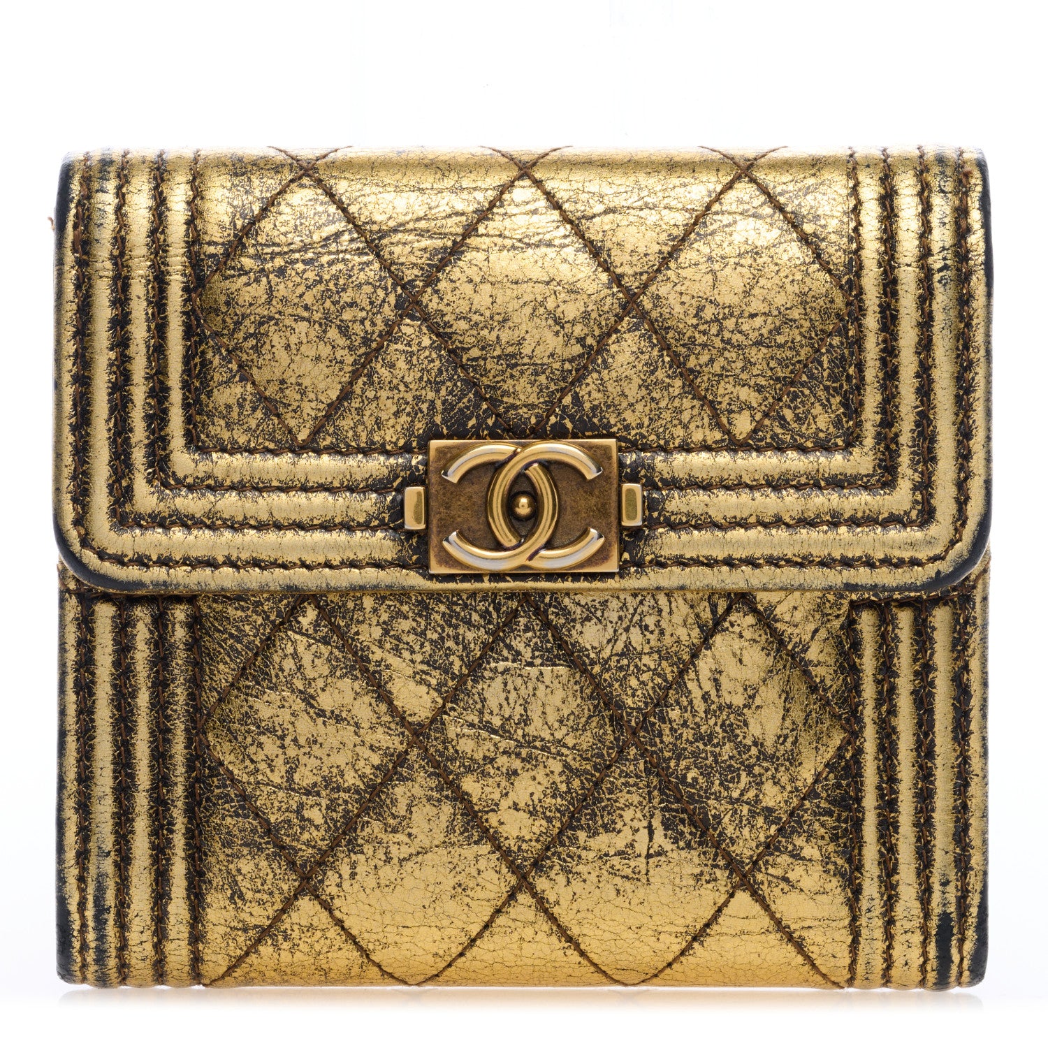 Chanel Cracked Metallic Calfskin Quilted Compact Boy Wallet Gold 1 of 7