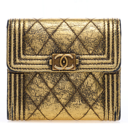 Chanel Cracked Metallic Calfskin Quilted Compact Boy Wallet Gold 1 of 7