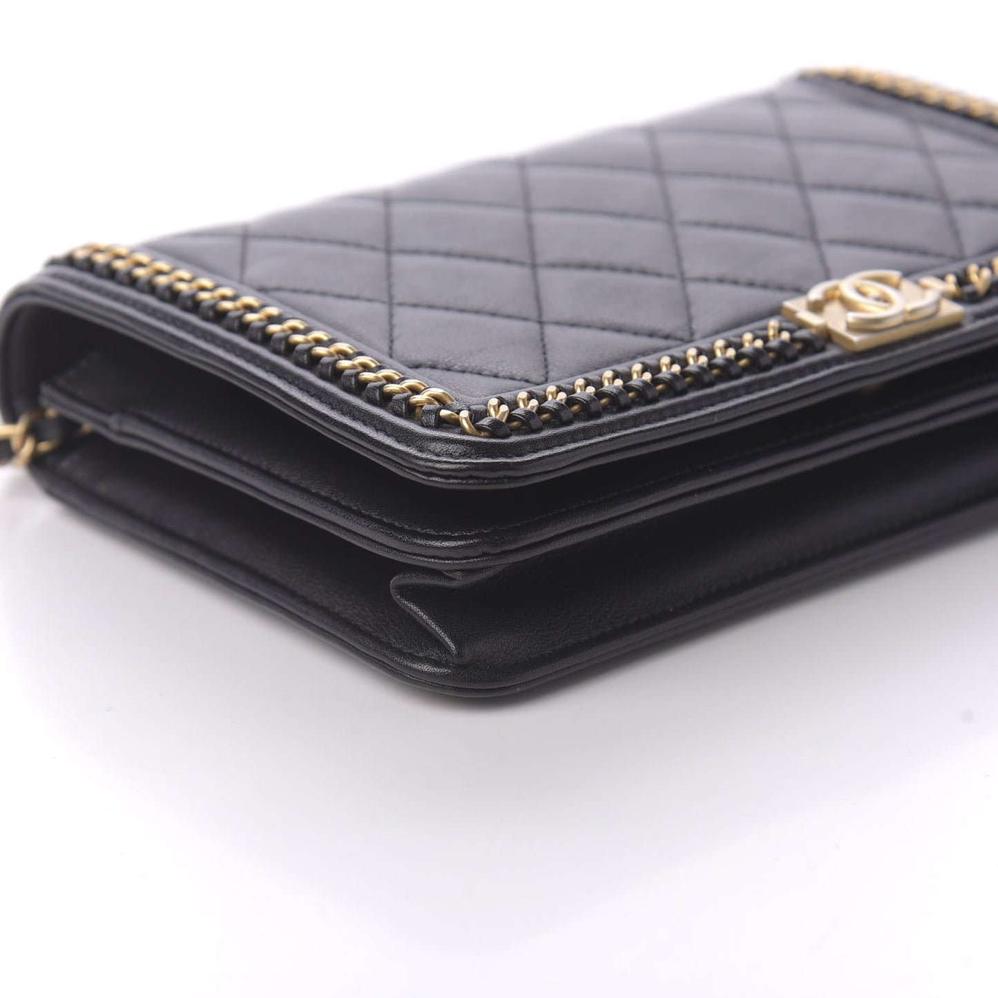 Calfskin Quilted Chain Around Boy Wallet On Chain WOC Black