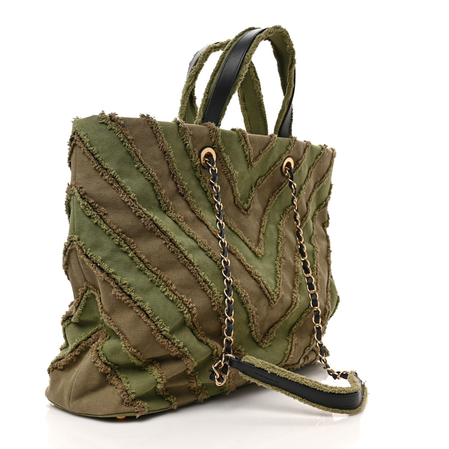 Chanel Canvas Chevron Cuba Patchwork Shopper Tote Khaki 3 of 9