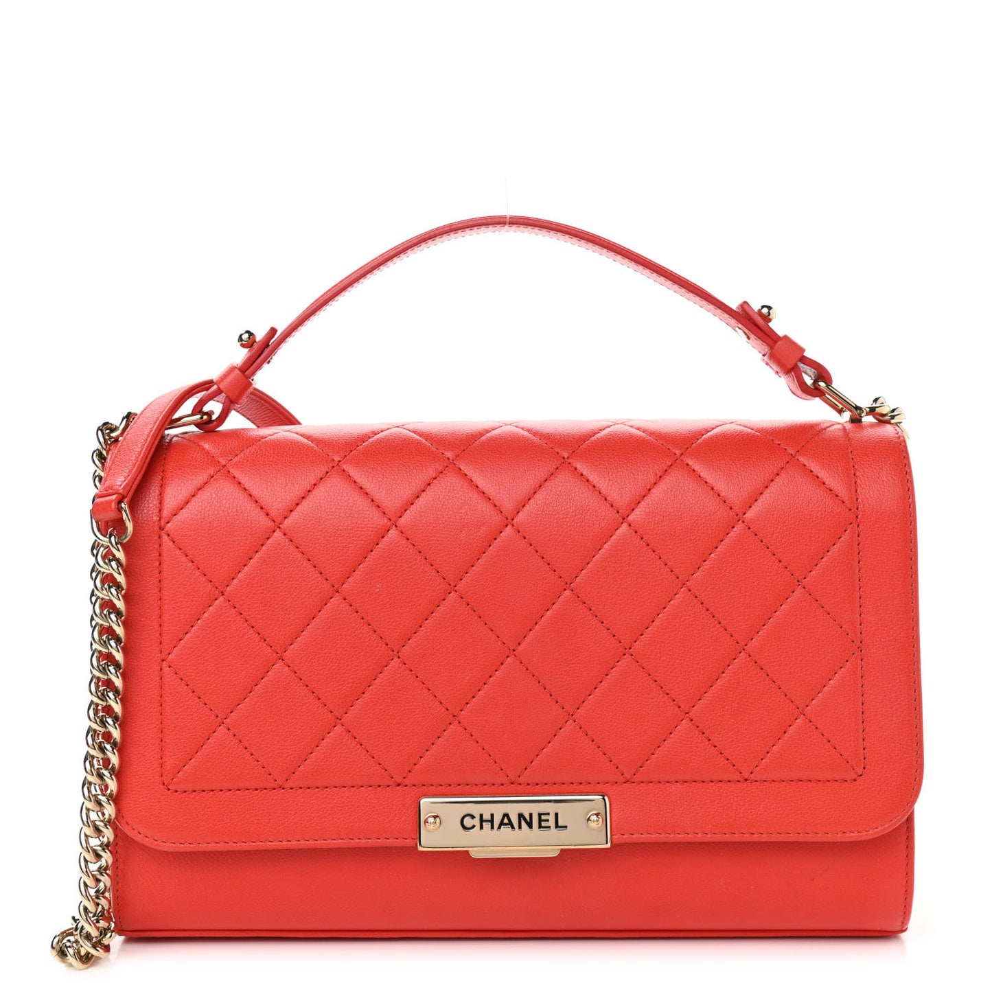 Grained Calfskin Quilted Large Label Click Flap Bag Red