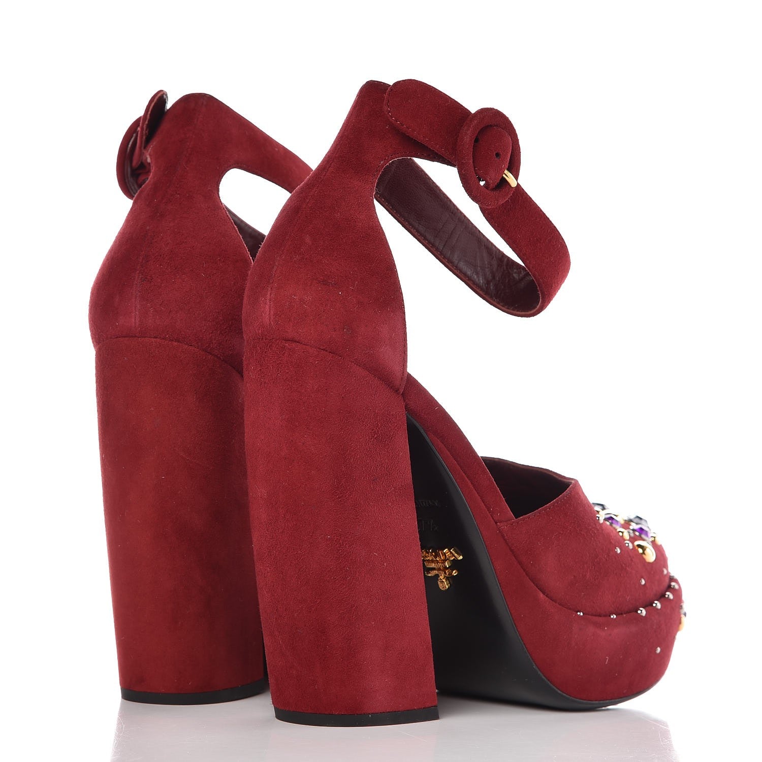 Prada Suede Crystal Embellished Platform Sandals 37.5 Burgundy 4 of 10