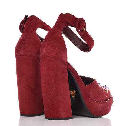 Prada Suede Crystal Embellished Platform Sandals 37.5 Burgundy 4 of 10