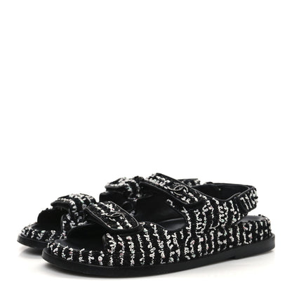 Chanel Tweed Velcro Dad Sandals 36.5 Black White 4 of 10