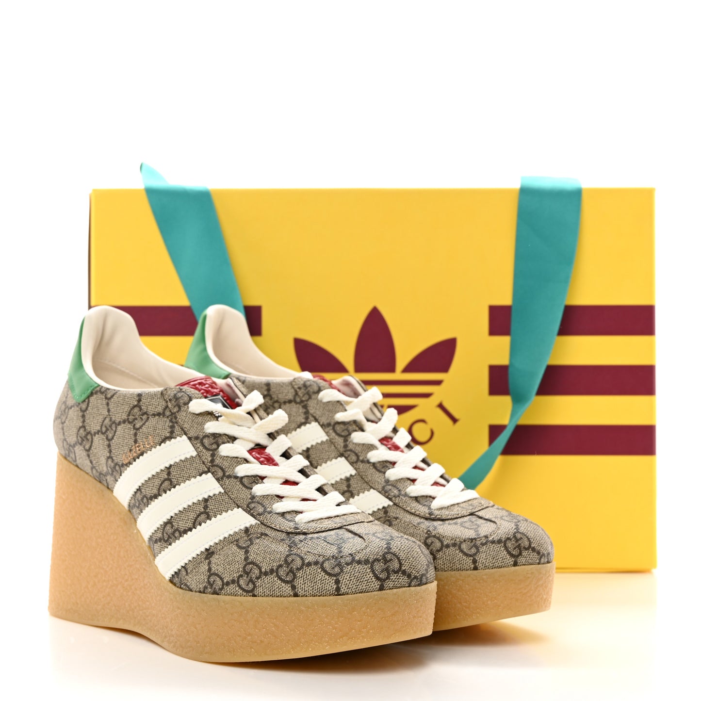 X ADIDAS GG Supreme Monogram Gazelle Wedge Sneakers 40.5 Beige Ebony Off White New Shamarock