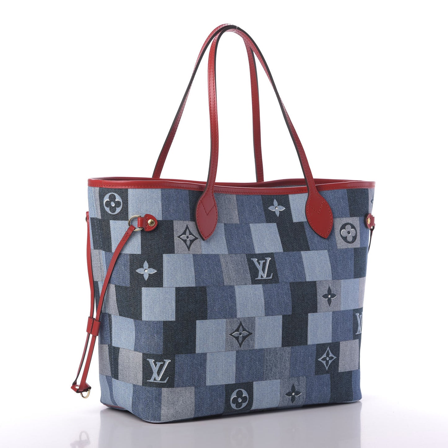 Denim Damier Monogram Patchwork Neverfull Blue Rouge