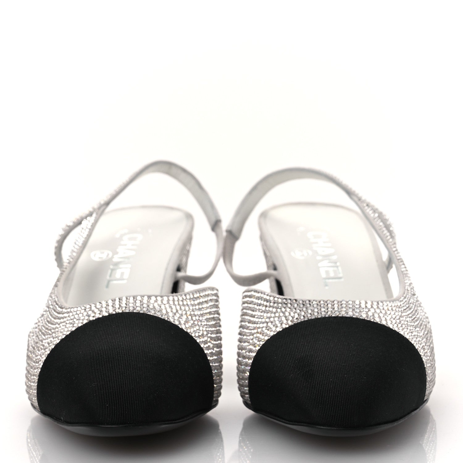 Chanel Strass Grosgrain Cap Toe CC Slingback Pumps 40.5 Silver Black 3 of 12