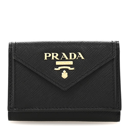 Prada Saffiano Metal Tri-Fold Envelope Card Holder Wallet Black 1 of 8