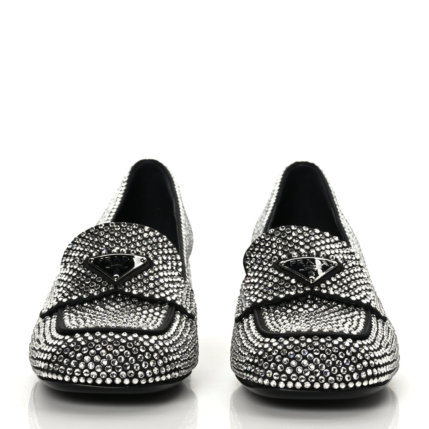 Satin Crystal Metal Triangle Logo 45mm Block Heel Loafers 36.5 Cristal